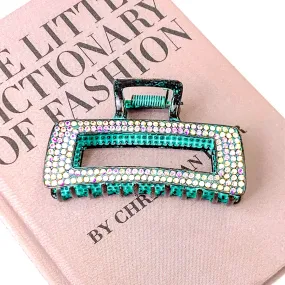 AB Crystal Embellished Metal Rectangle Hair Clip in Patina