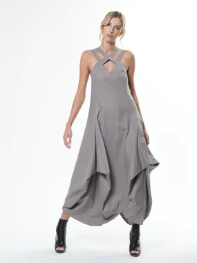 Asymmetric Long Cotton Dress In Gray