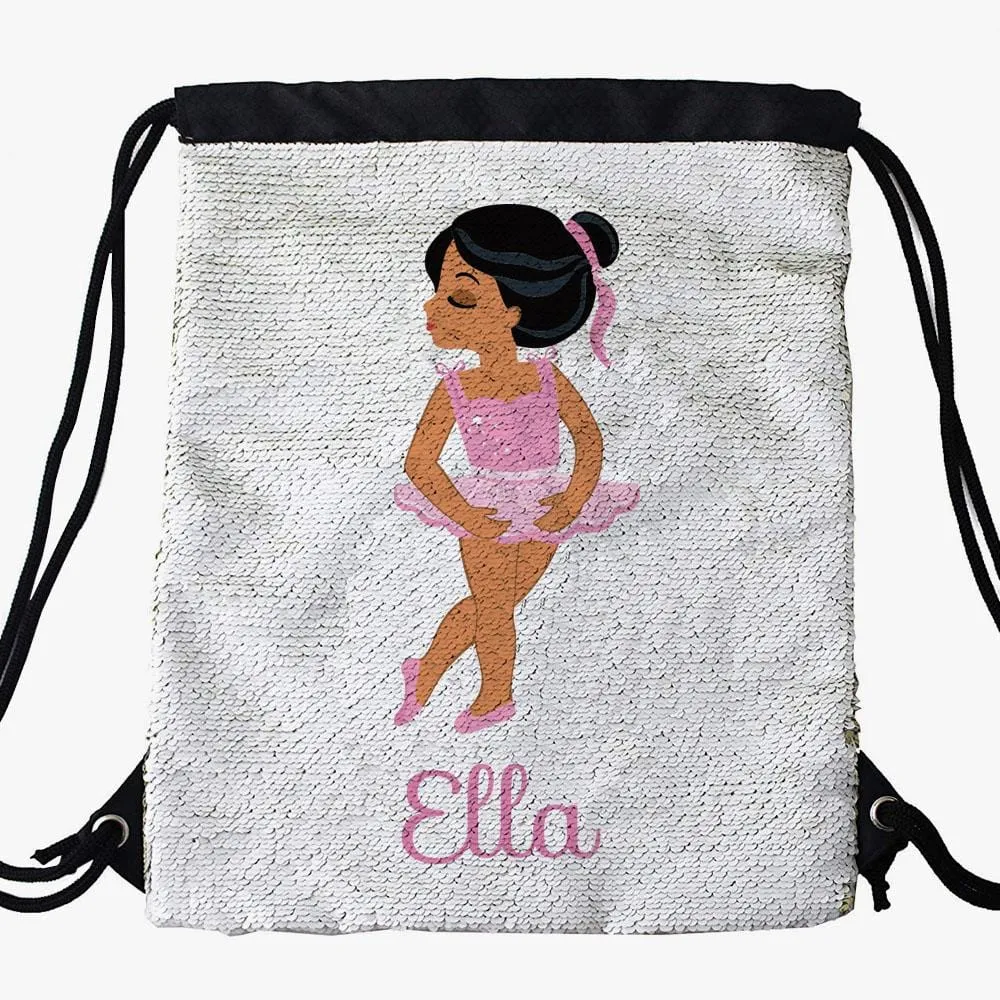 Ballerina Custom Kids Sequin Drawstring Bag | Personalized Backpacks