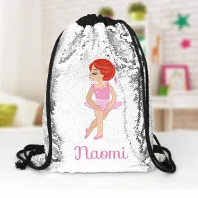 Ballerina Custom Kids Sequin Drawstring Bag | Personalized Backpacks