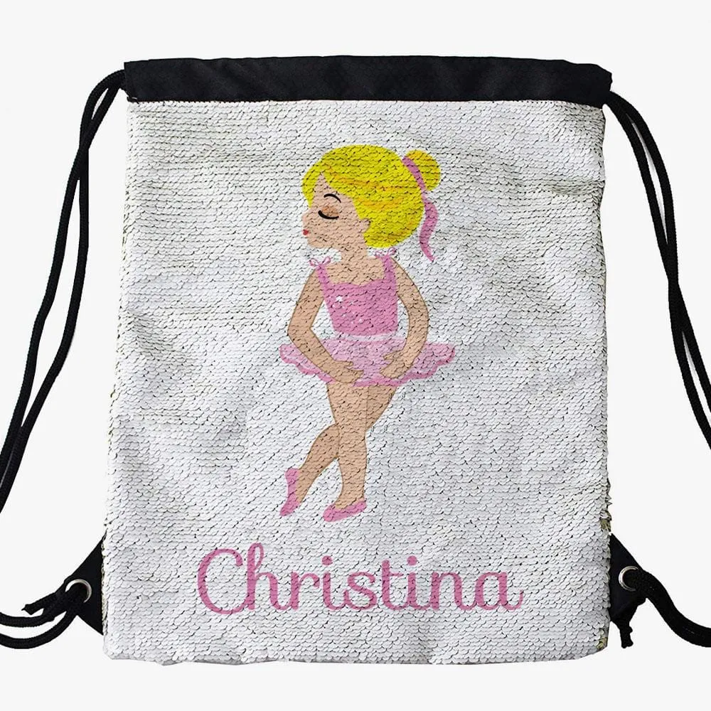 Ballerina Custom Kids Sequin Drawstring Bag | Personalized Backpacks