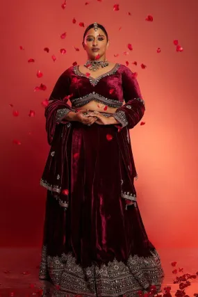 Burgundy Embroidered Velvet Lehenga