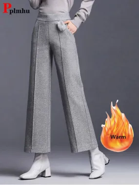 Elegant Woolen Blend Wide Leg Pants