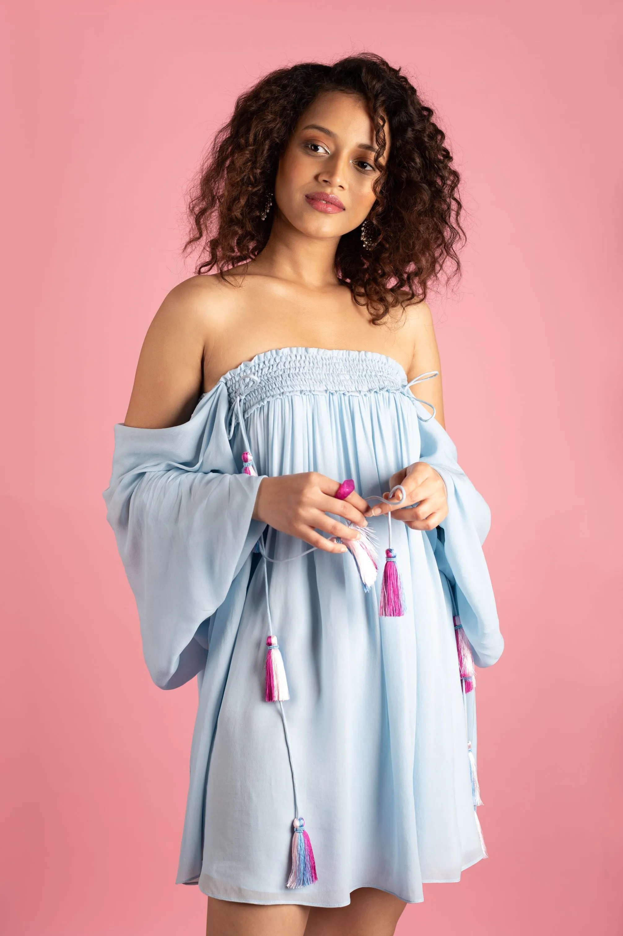 Ice Blue Smocked Off Shoulder Dress