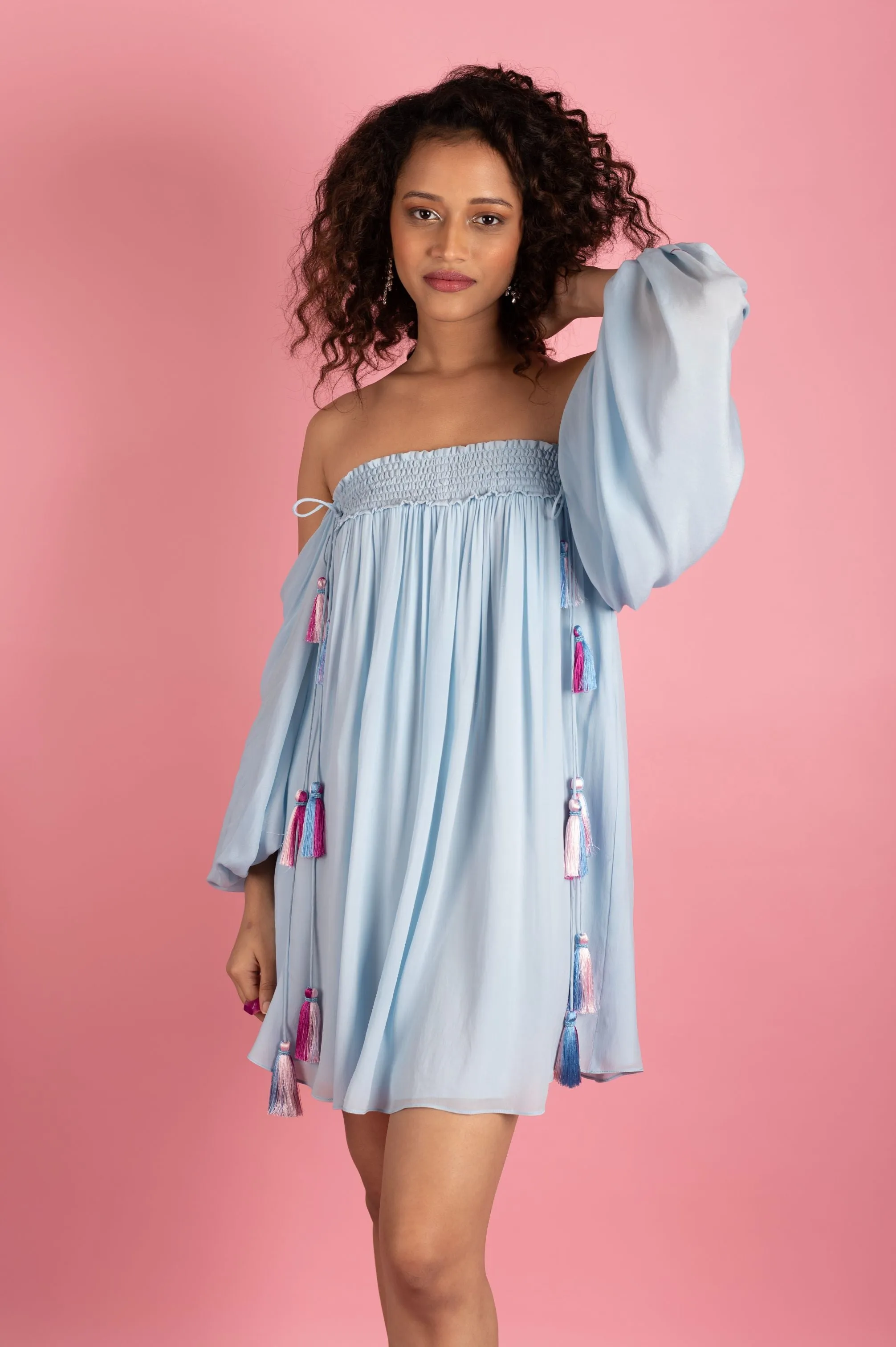 Ice Blue Smocked Off Shoulder Dress