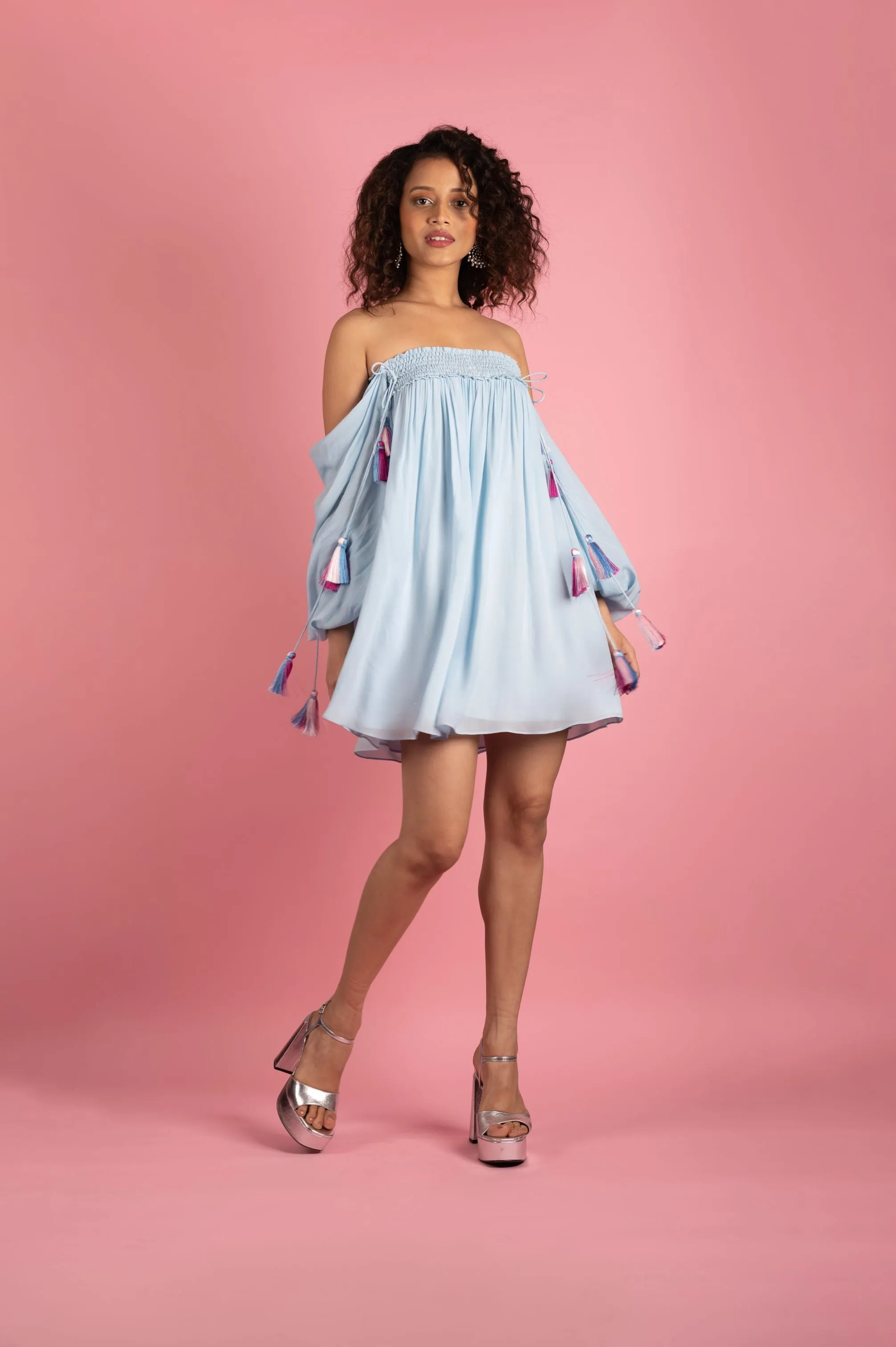 Ice Blue Smocked Off Shoulder Dress