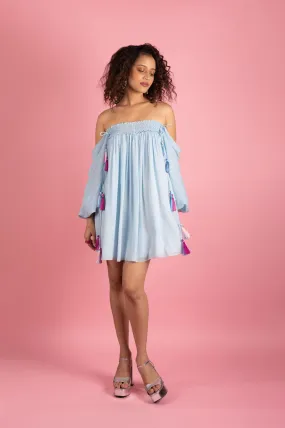 Ice Blue Smocked Off Shoulder Dress