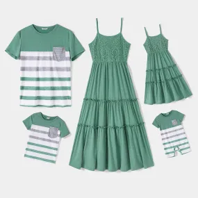 Matching Family Outfit - Green and White Lace Splice Stripes Look