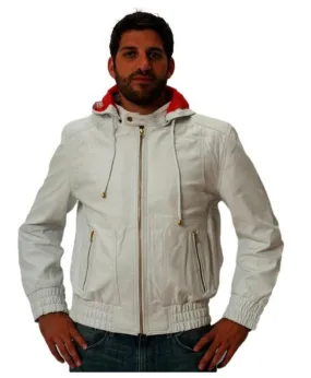 Mens White Leather Jacket with Hood