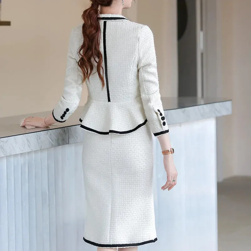 Naviu High-End Formal Suit Women New Fashion Slim Business Long Sleeve Woollen Blazer and Skirt