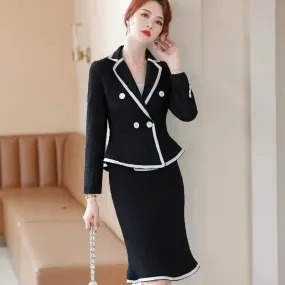 Naviu High-End Formal Suit Women New Fashion Slim Business Long Sleeve Woollen Blazer and Skirt