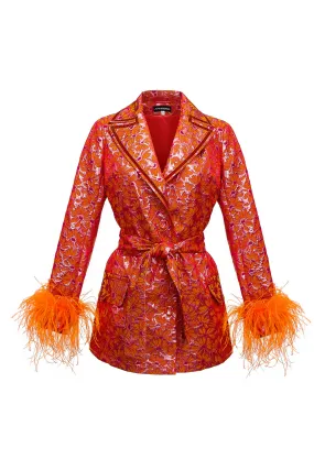 Red Jacqueline Jacket №22 With Detachable Feather Cuffs