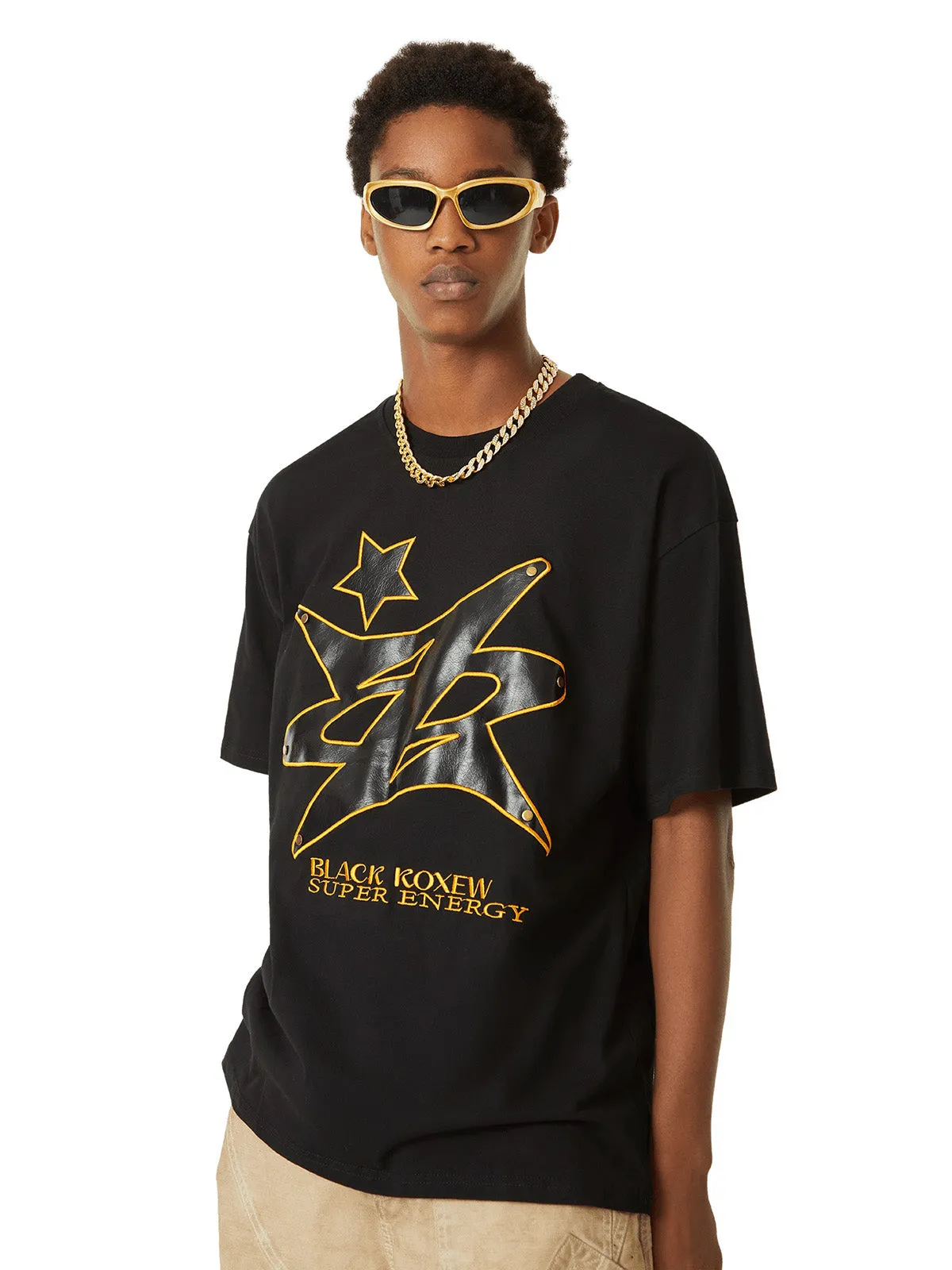 Thesupermade Leather Studded Creative Star Street Rap T-shirt