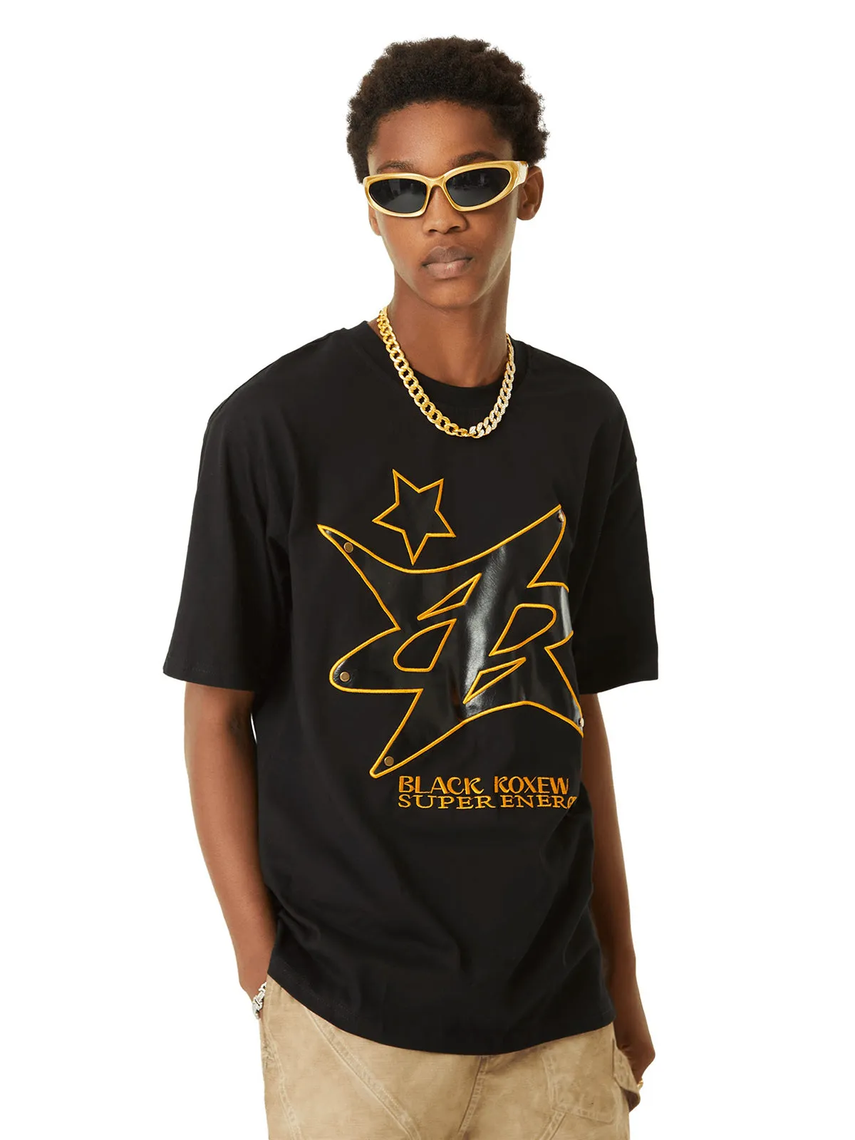 Thesupermade Leather Studded Creative Star Street Rap T-shirt