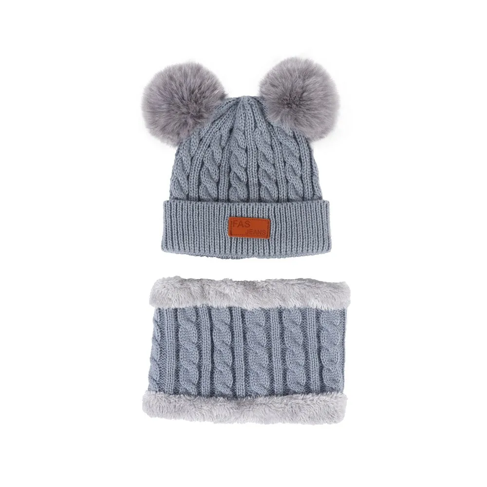 Wholesale 1-4 Year Old Children's Fleece Warm Double Wool Ball Knitted Beanie and Scarf Set